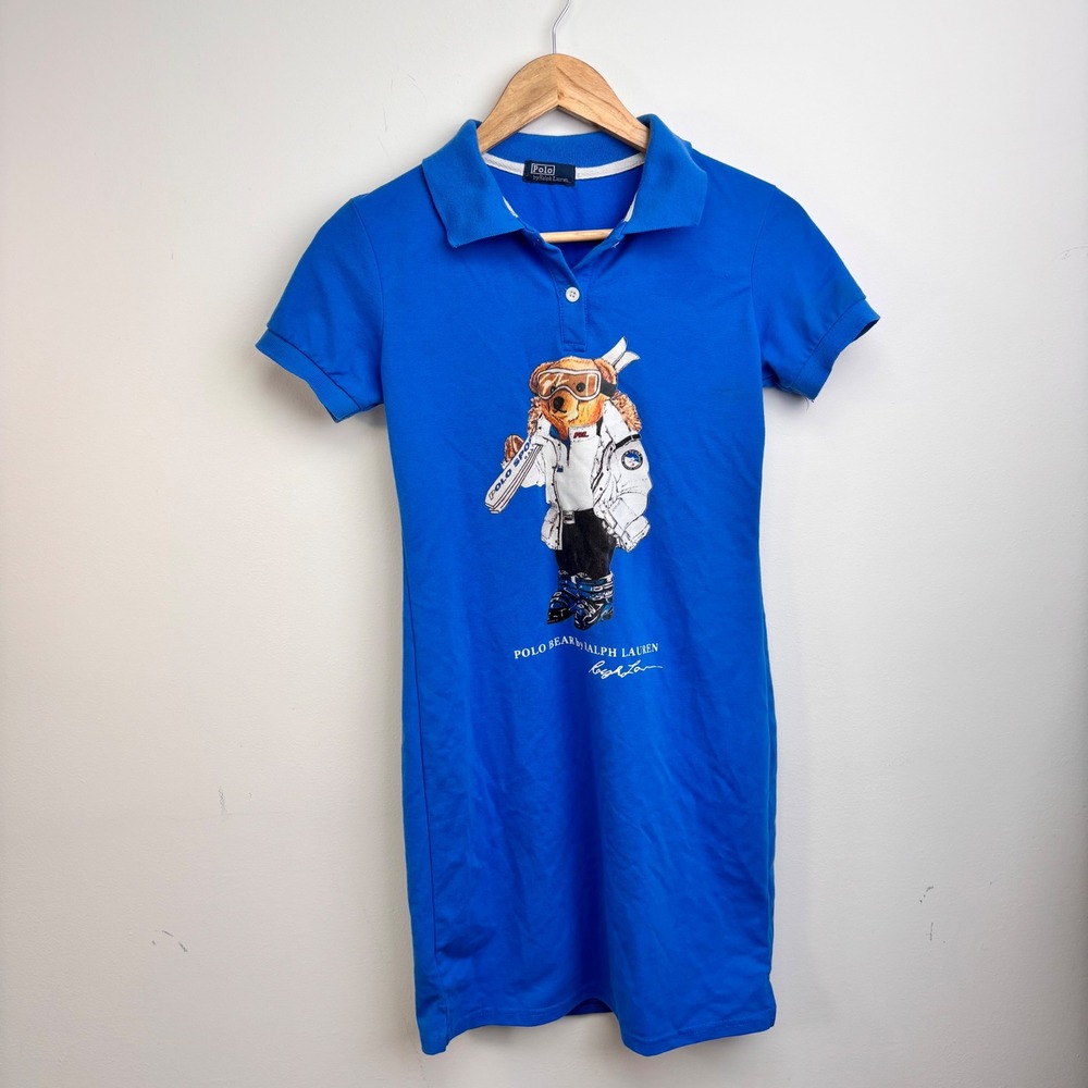 Polo Ralph Lauren Polo Bear Ski Blue Polo Shirt Dress Women XS Preppy Skiwear